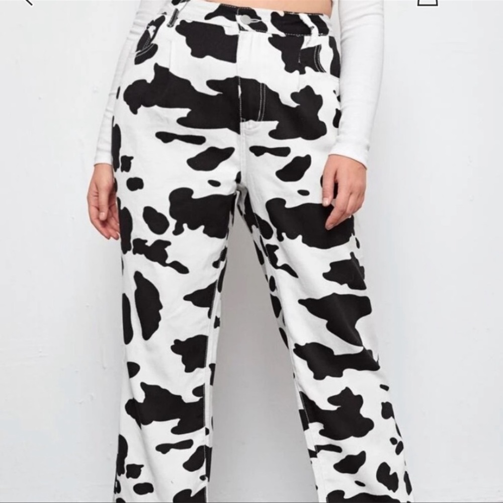Shein Cow Print Wide Leg denim pants Size L (8/10) like new